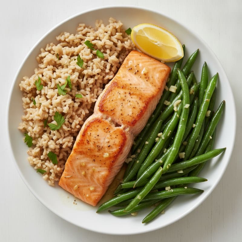 Seared Salmon with Garlic Green Beans and Herbed Brown Rice