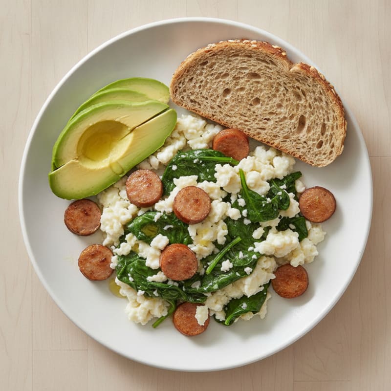 Egg White and Turkey Sausage Scramble with Sautéed Spinach