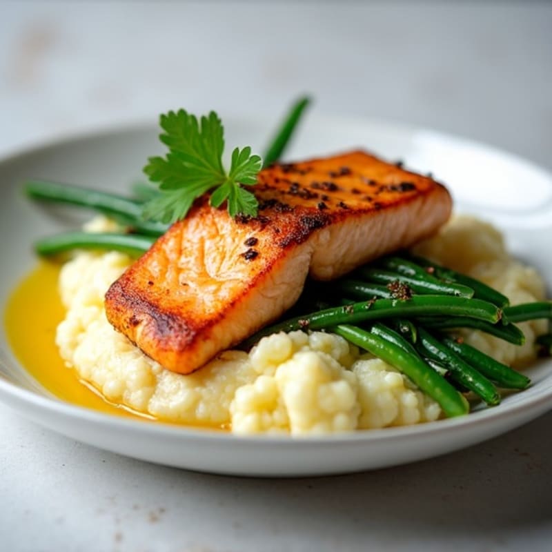 Seared Salmon with Garlic Green Beans and Cauliflower Mash