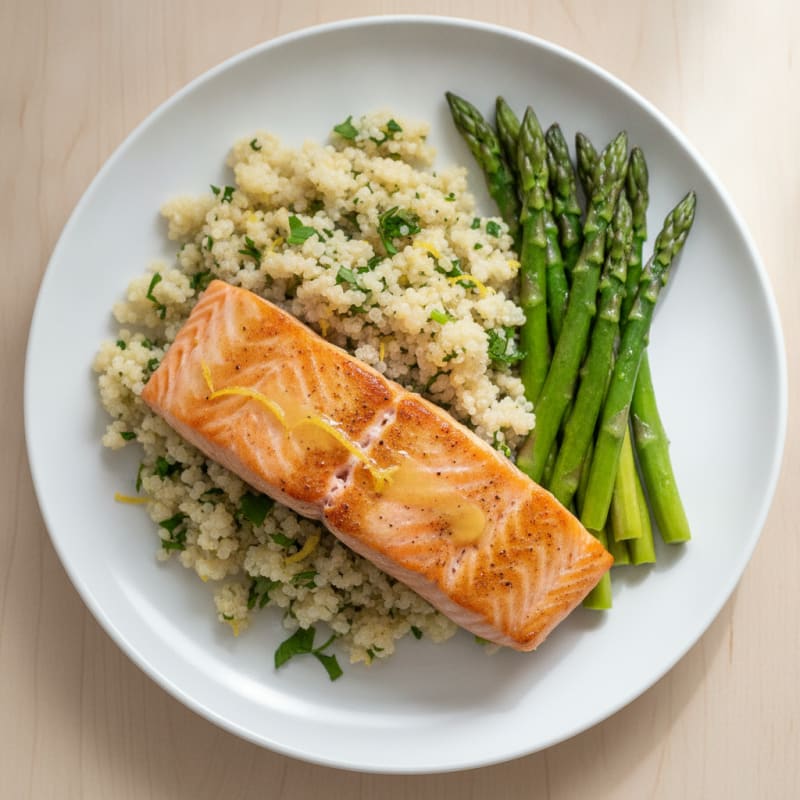 Seared Salmon with Steamed Asparagus and Lemon Quinoa