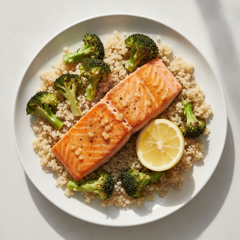 Seared Salmon Filet with Roasted Broccoli and Quinoa