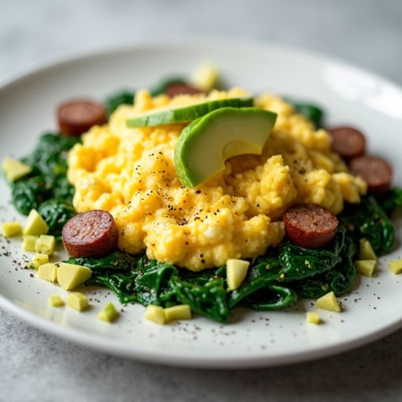 Egg White Scramble with Turkey Sausage and Sautéed Spinach
