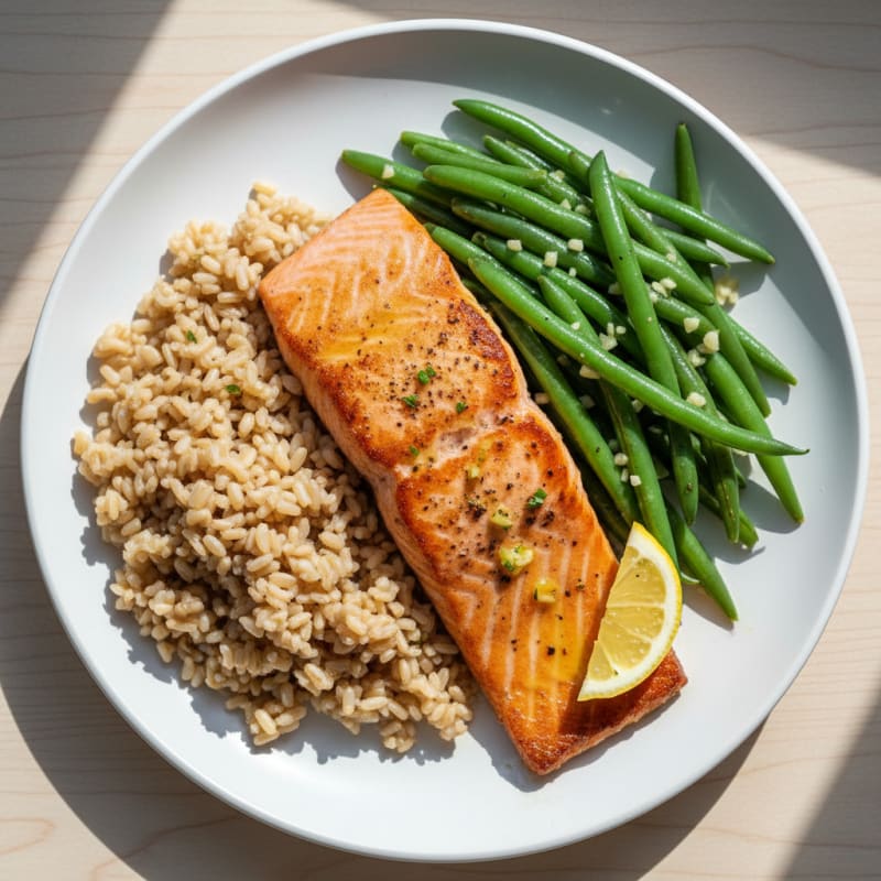 Seared Salmon with Steamed Green Beans and Brown Rice