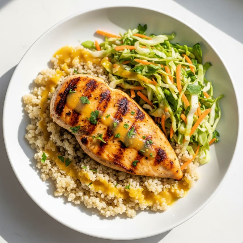 Grilled Chicken Breast with Crunchy Cabbage Slaw and Quinoa