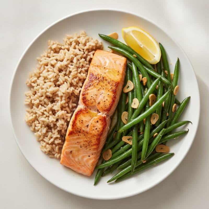 Seared Salmon Fillet with Garlic Green Beans and Brown Rice