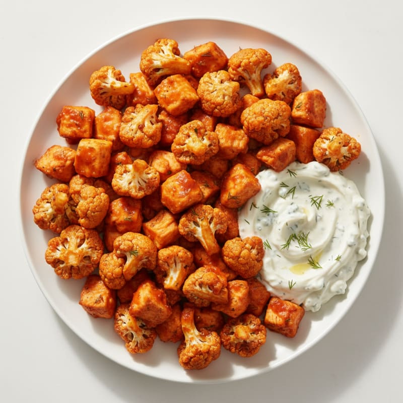 Buffalo Cauliflower and Chicken Bites with Blue Cheese Dip