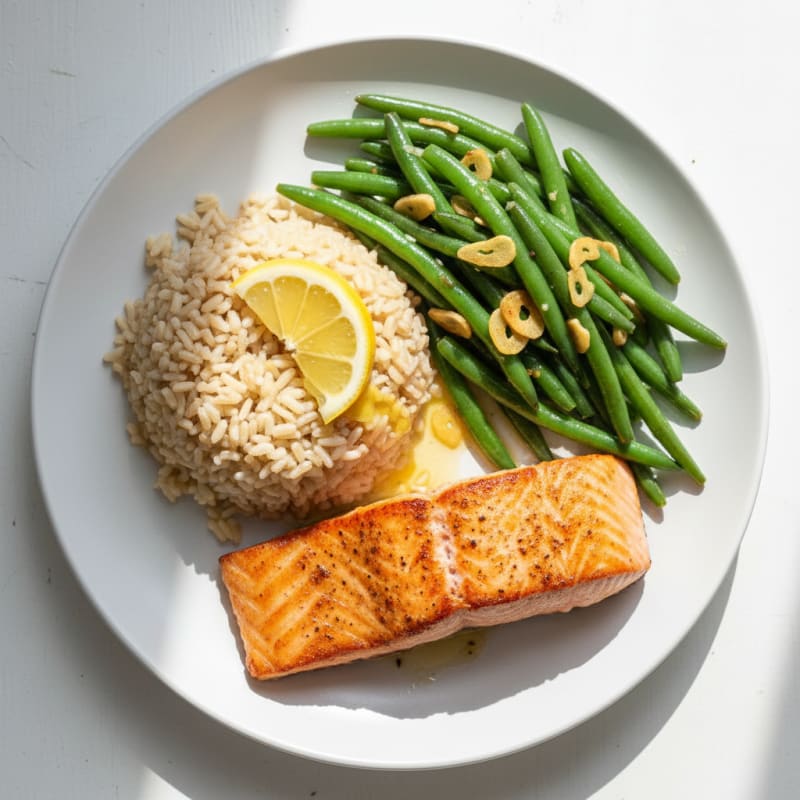 Seared Salmon with Garlic Green Beans and Brown Rice