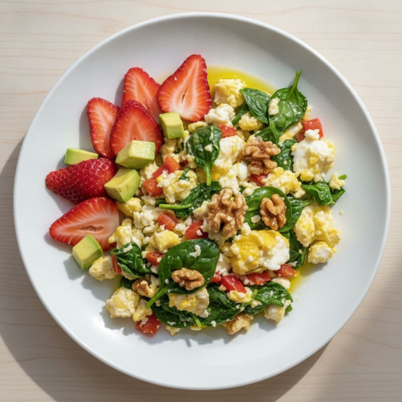 Egg White Veggie Scramble with Sliced Strawberries