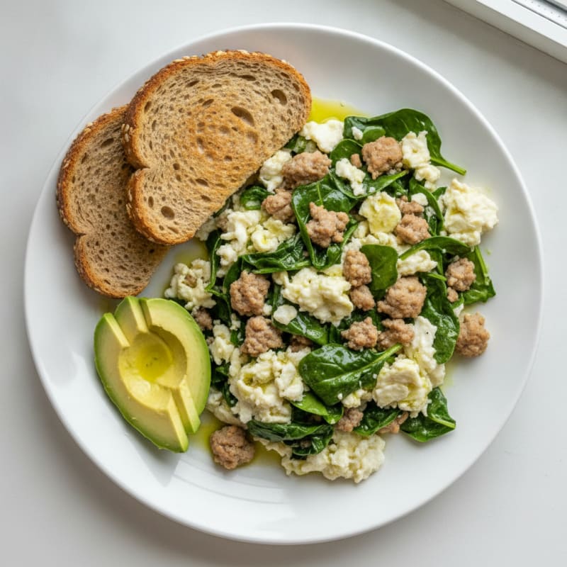 Egg White and Turkey Sausage Scramble with Baby Spinach