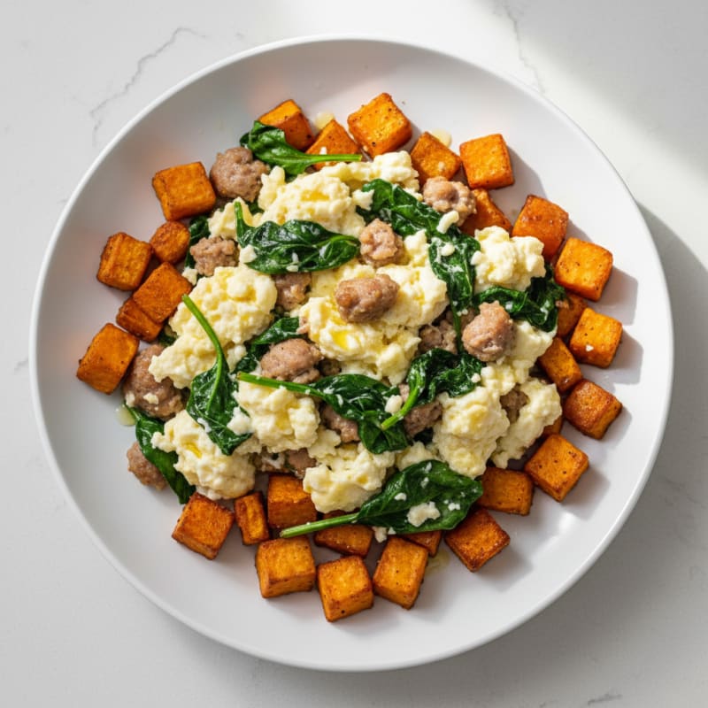 Egg White and Turkey Sausage Scramble with Spinach and Roasted Sweet Potatoes