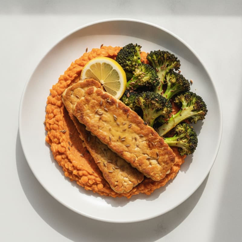 Seared Tempeh with Roasted Broccoli and Lentil Mash