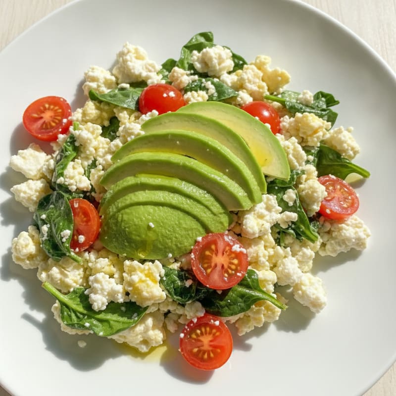 Egg White Spinach Scramble with Cottage Cheese and Cherry Tomatoes