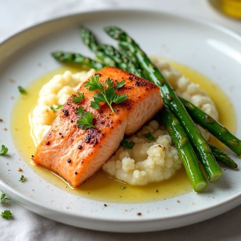 Seared Salmon with Steamed Asparagus and Cauliflower Mash