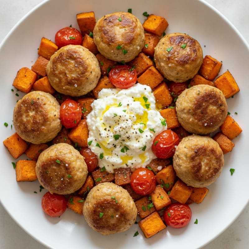 Baked Chicken Meatballs with Roasted Sweet Potatoes