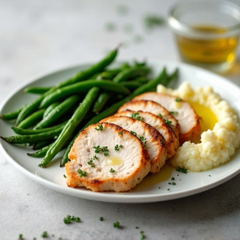 Seared Turkey Breast with Garlic Green Beans and Mashed Cauliflower