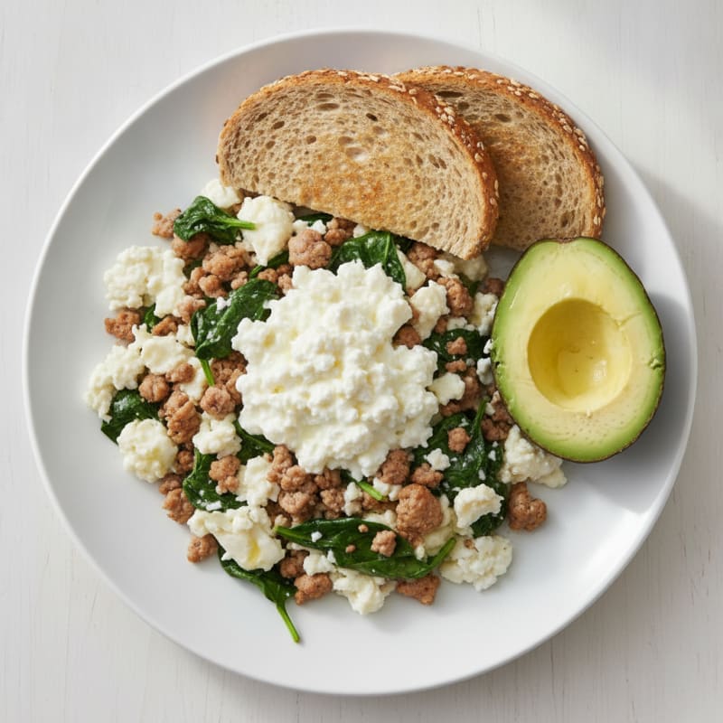 Egg White and Turkey Spinach Scramble with Cottage Cheese