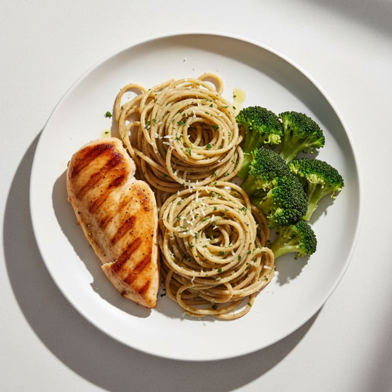 Seared Chicken Breast with Garlic Herb Pasta and Steamed Broccoli