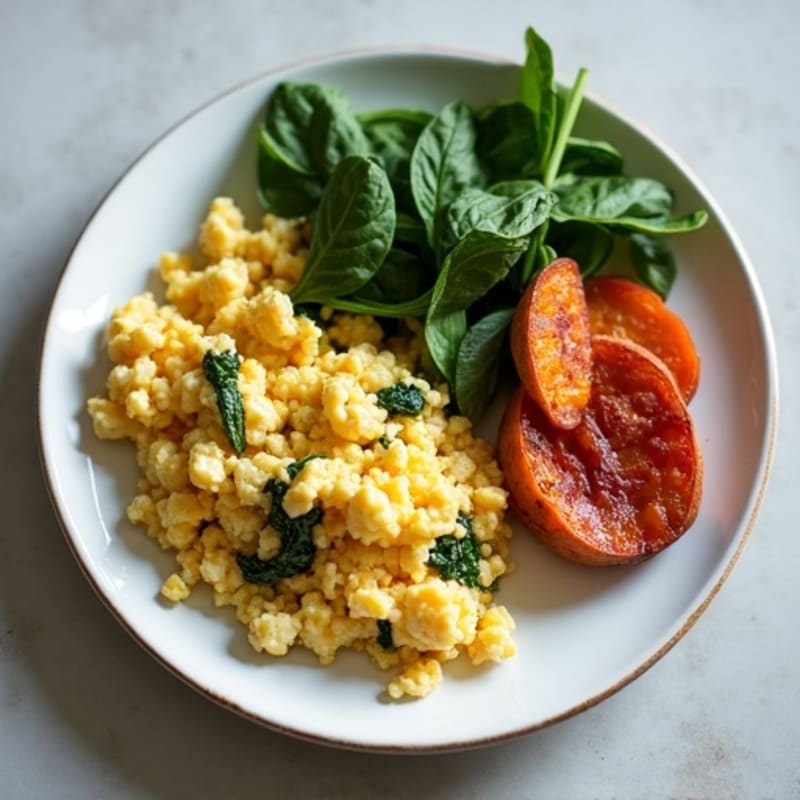 Egg White Spinach Scramble with Turkey Bacon and Roasted Sweet Potatoes