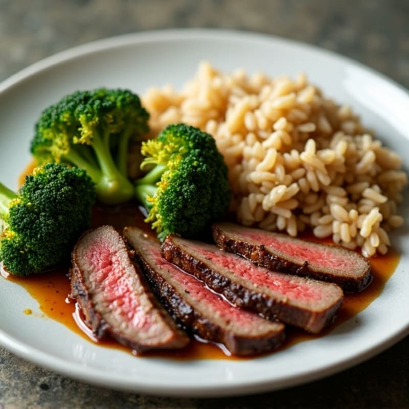 Ginger Garlic Seared Beef with Crispy Roasted Broccoli and Brown Rice