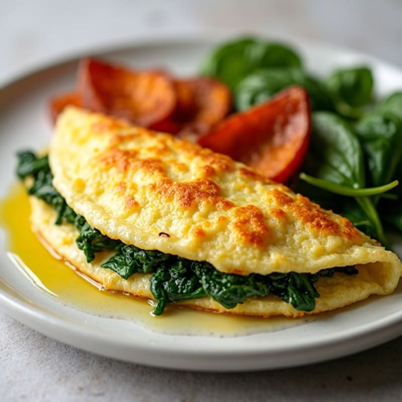 Crispy Turkey Bacon and Spinach Omelet with Roasted Sweet Potatoes