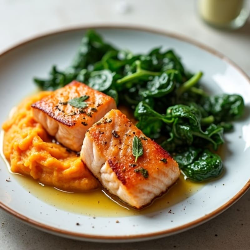 Seared Salmon with Garlic Spinach and Mashed Sweet Potatoes