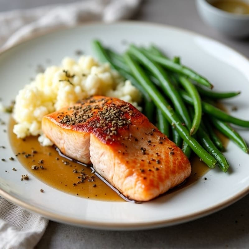 Seared Salmon with Garlic Green Beans and Cauliflower Mash