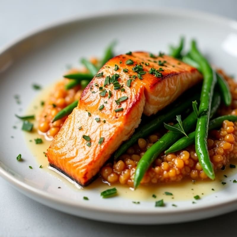 Seared Salmon with Garlic Green Beans and Red Lentil Mash