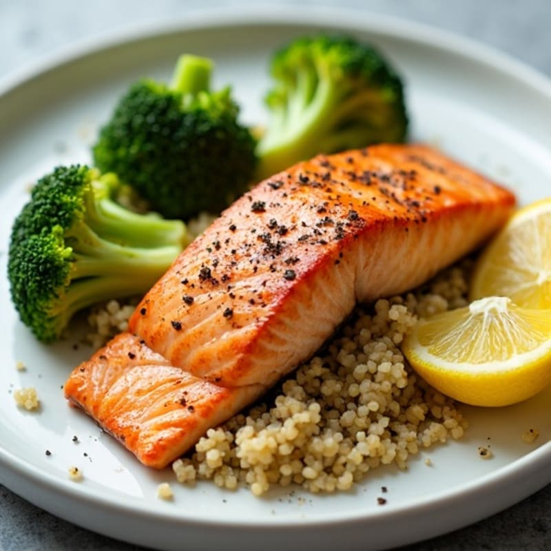 Seared Salmon with Steamed Broccoli and Lemon Quinoa
