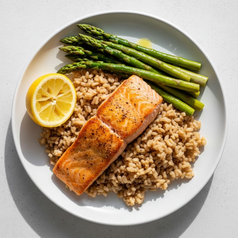 Seared Salmon with Steamed Asparagus and Brown Rice