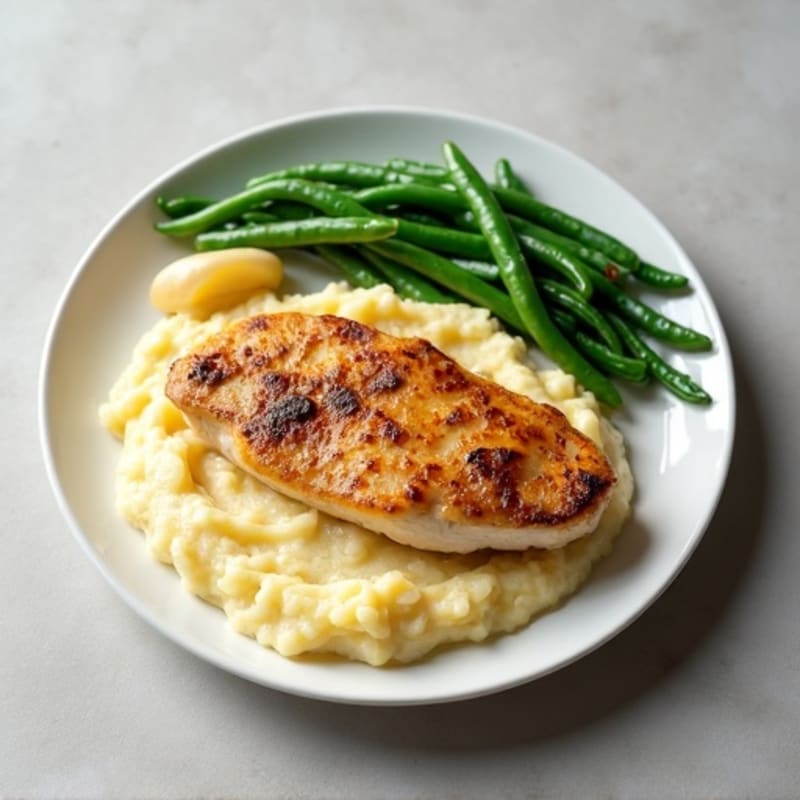 Pan-Seared Chicken with Creamy Garlic Mashed Potatoes and Roasted Green Beans