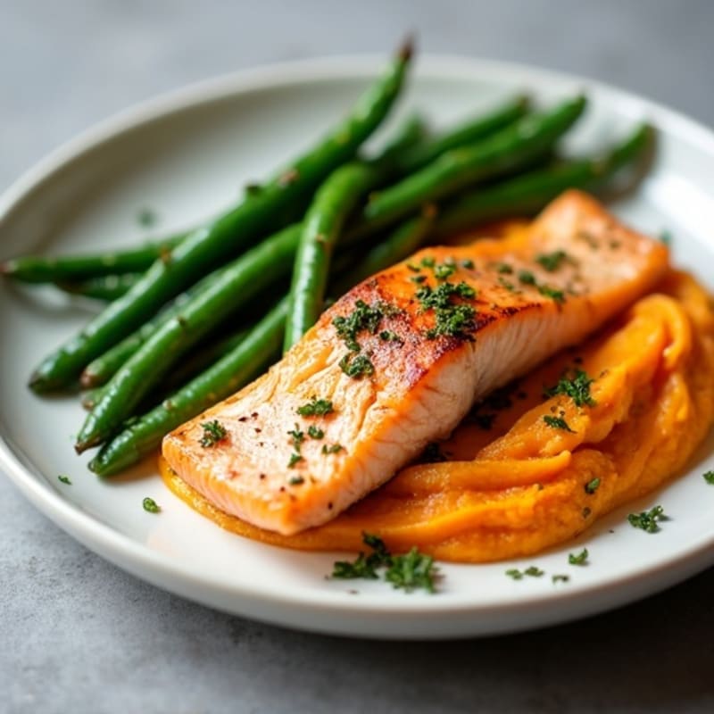 Seared Salmon with Garlic Green Beans and Sweet Potato Mash