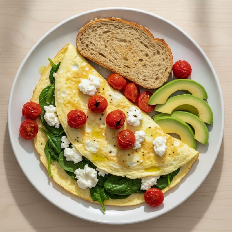 Egg White Spinach Omelette with Cottage Cheese and Cherry Tomatoes