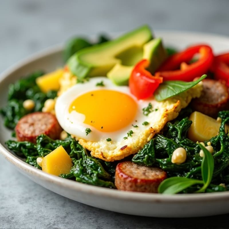 Egg White and Turkey Sausage Scramble with Sautéed Spinach