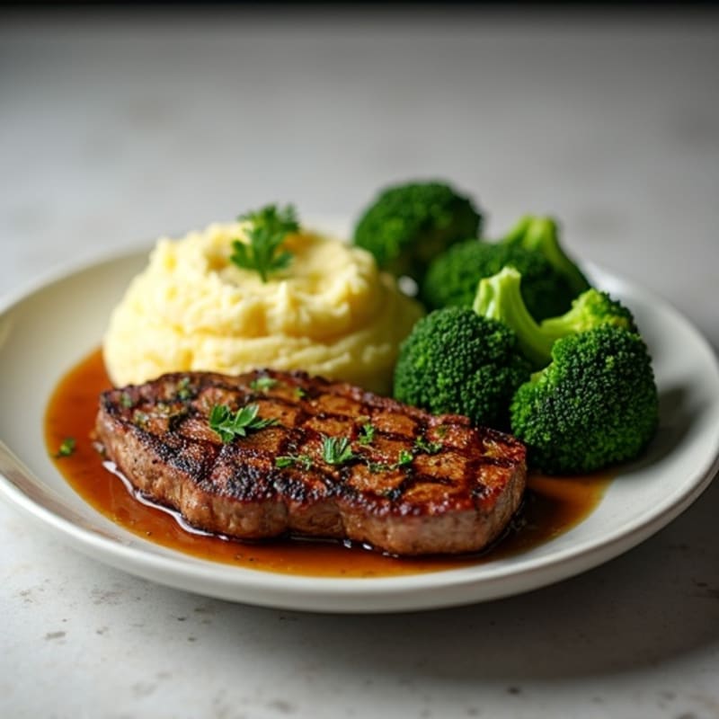 Seared Sirloin Steak with Garlic Mashed Potatoes and Steamed Broccoli