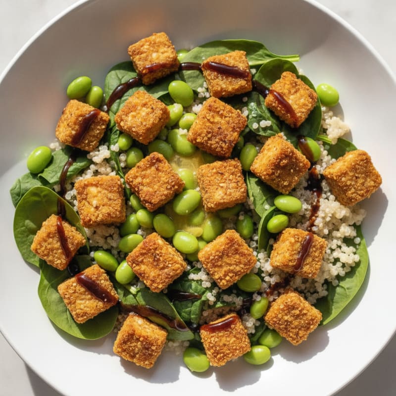 Crispy Tempeh and Quinoa Power Bowl with Spinach and Edamame