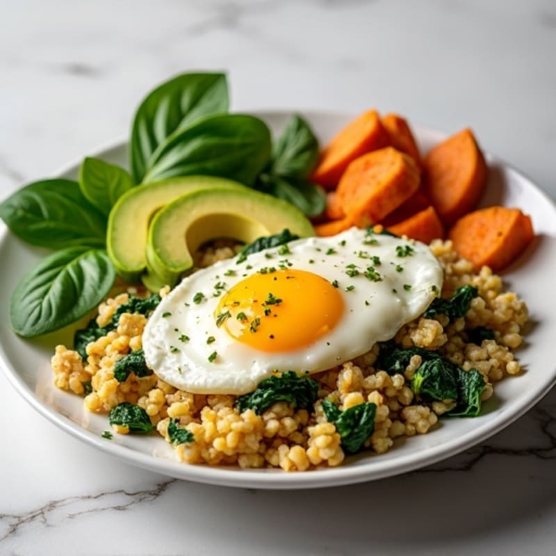 Egg White and Turkey Spinach Scramble with Roasted Sweet Potatoes