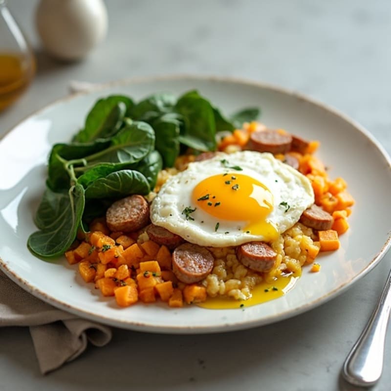 Egg White and Turkey Sausage Scramble with Spinach and Sweet Potato