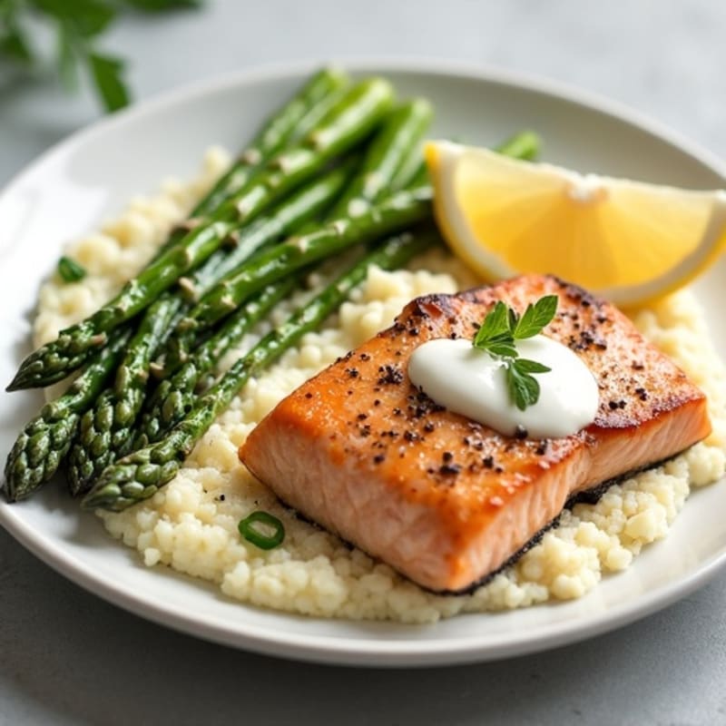 Seared Salmon Fillet with Steamed Asparagus and Cauliflower Mash