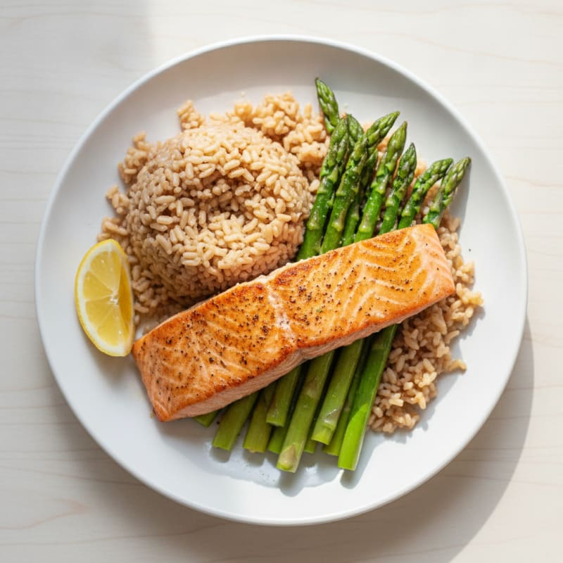 Seared Salmon Fillet with Steamed Asparagus and Brown Rice