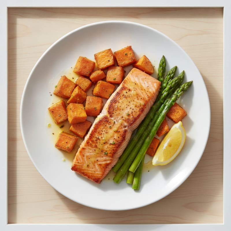 Seared Salmon with Roasted Sweet Potato and Asparagus