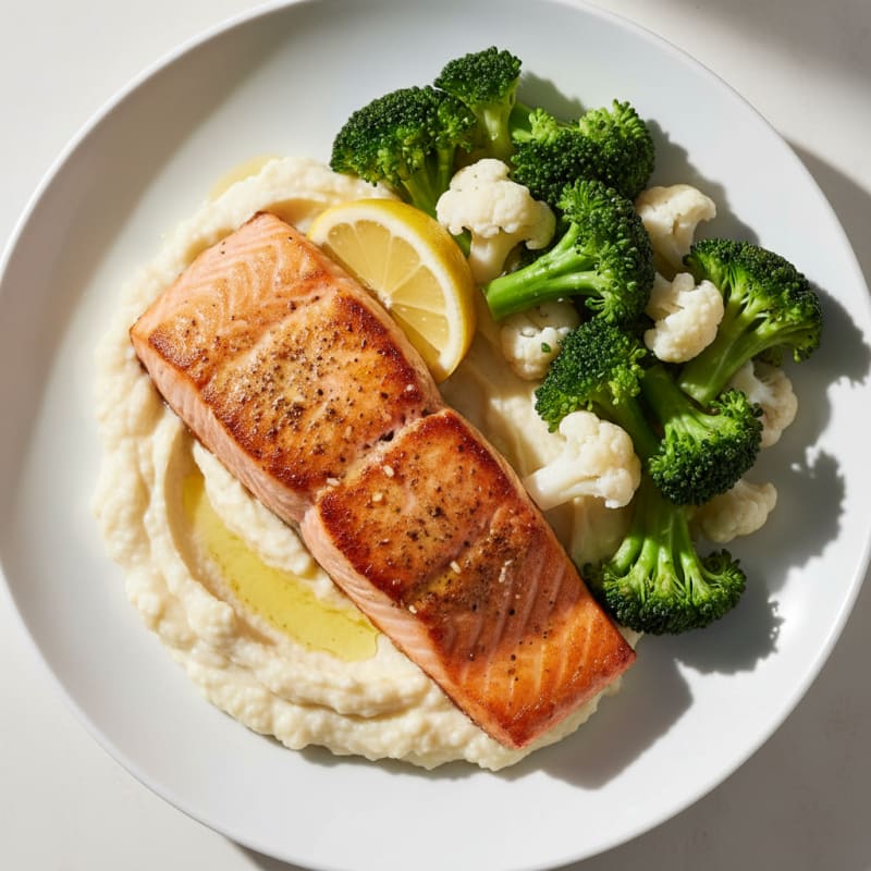 Seared Salmon Fillet with Steamed Broccoli and Cauliflower Mash