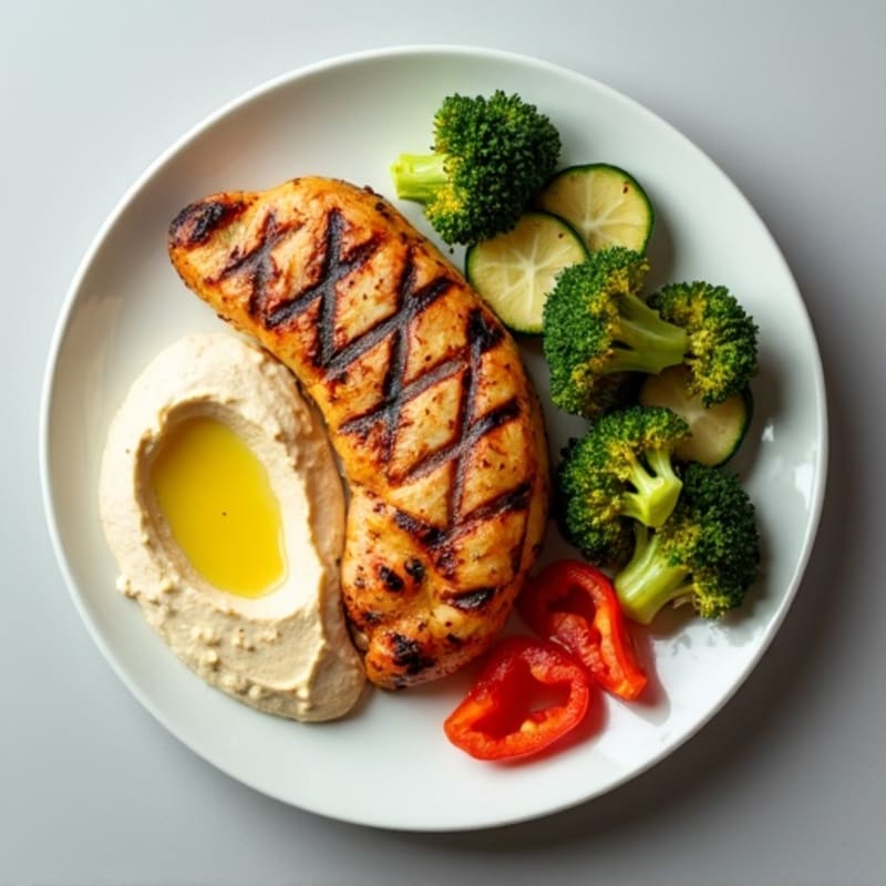 Grilled Chicken and Creamy Hummus Plate with Crispy Roasted Vegetables