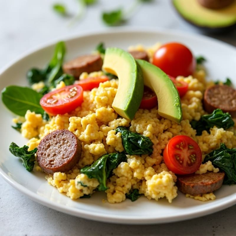 Egg White and Turkey Sausage Scramble with Spinach and Tomatoes