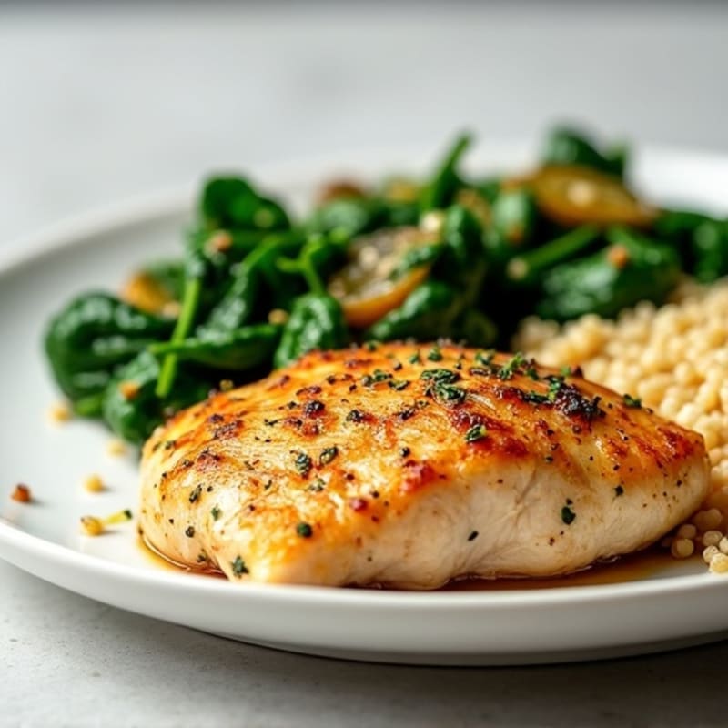 Lemon Garlic Pan-Seared Chicken with Sautéed Spinach and Quinoa