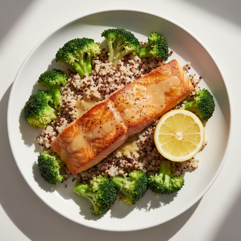 Seared Salmon Fillet with Steamed Broccoli and Quinoa
