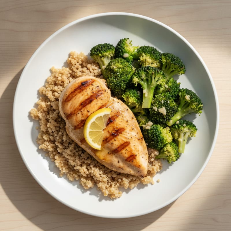 Grilled Chicken Breast with Quinoa and Steamed Broccoli