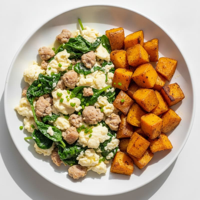 Egg White and Turkey Sausage Scramble with Spinach and Roasted Sweet Potatoes