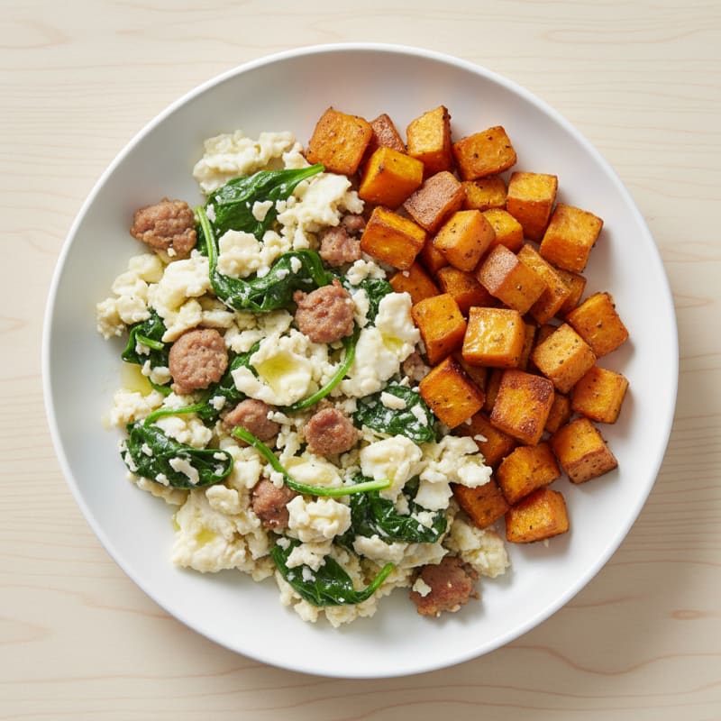 Egg White Spinach Scramble with Turkey Sausage and Roasted Sweet Potato