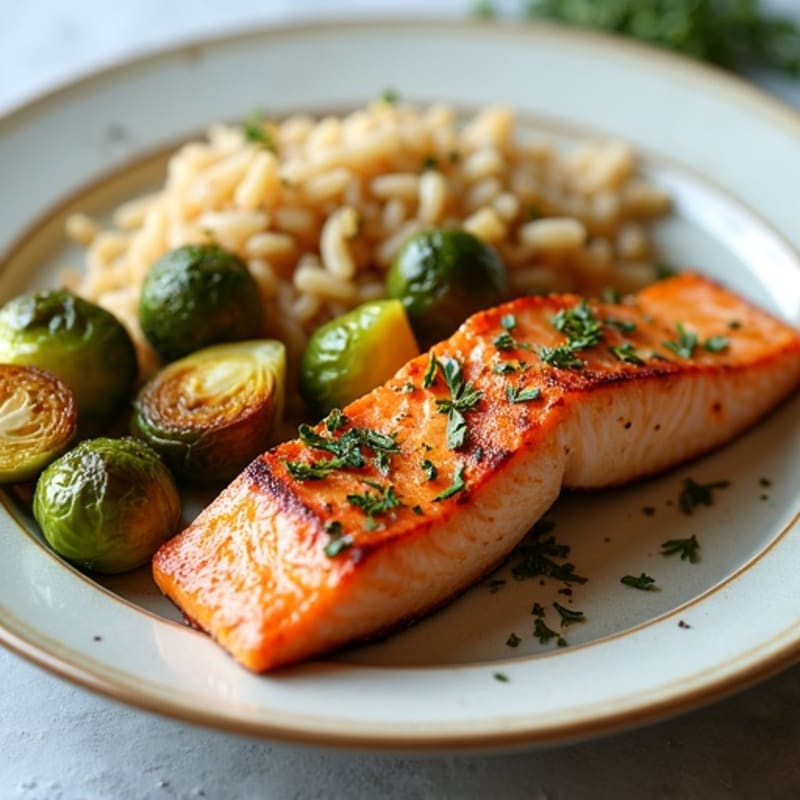 Herb-Seared Salmon with Crispy Brussels Sprouts and Brown Rice
