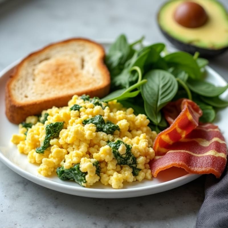 Cottage Cheese Egg Scramble with Spinach and Turkey Bacon